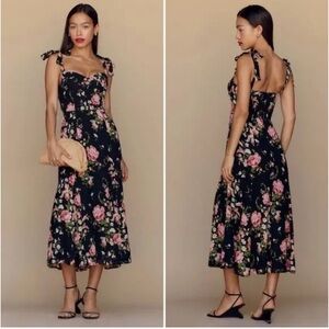 Reformation Black Floral Midi Nadira- Malia Dress - 10